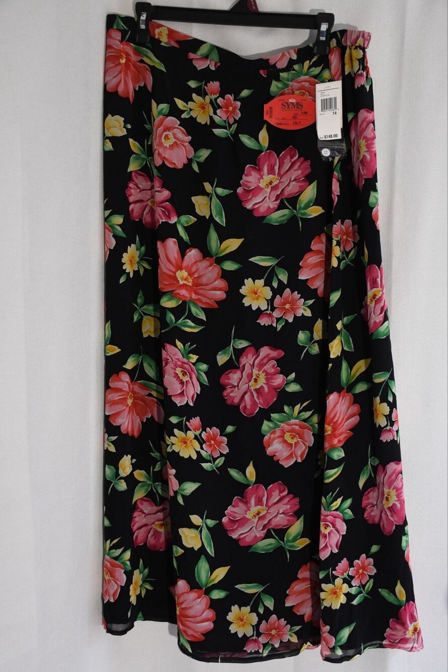 Due Per Due Black And Pink Floral 100% Silk Maxi Skirt NWT 14W